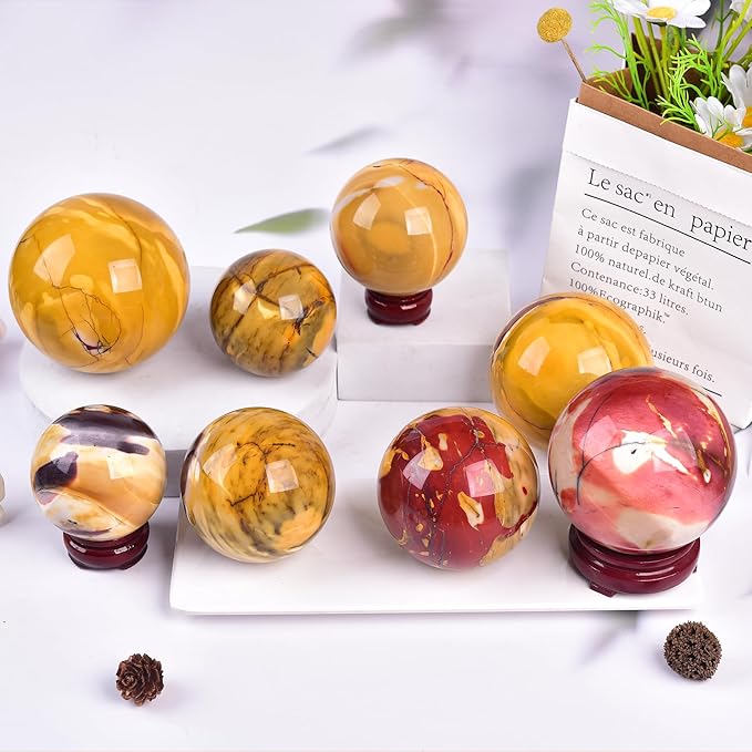 JIC Gem Natural Eggs Yolk Quartz Ball Sphere Big Gemstone Ball Healing Crystal Decorative Ball with Stand Chakra Meditation Reiki Desktop Decoration 9-10cm