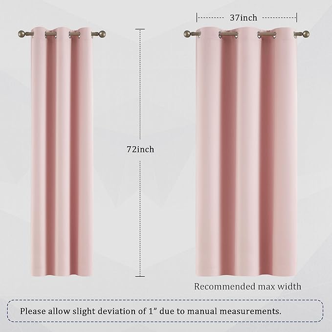 DUALIFE Pink Curtains for Bedroom 72 Inch Length Darkening Curtains for Girls Room Decoration Baby Pink Thermal Insulated Blackout Window Drape 42''x72'' Set of 2 Panels Grommet Top