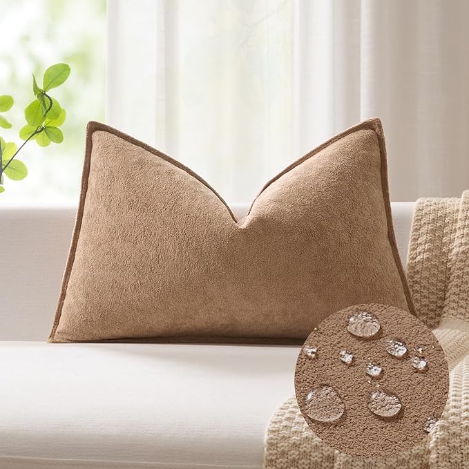 Kevin Textile 14x22 Inch Lumbar Pillow Cover 1 Pack Soft Boucle Textured Decorative Waterproof Rectangle Cushion Elegant Accent Pillow for Couch Sofa Chair Bed Home Decor Indoor Outdoor Camel