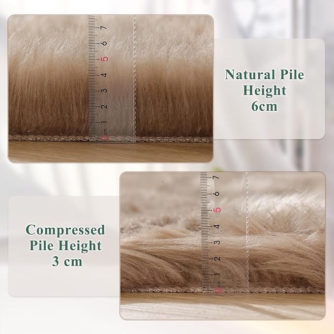 Beige Round Rugs 6ft Fuzzy Faux Sheepskin Washable Fluffy Fur Area Rugs for Bedroom Large Circle Nursery Living Room Shag Rug
