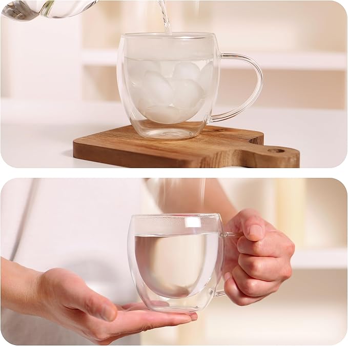 CNGLASS 12oz(4-pack) Double Walled Glass Coffee Mugs,Insulated Glass Mugs with Handle,Clear Espresso Cups for Latte,Cappuccino,Tea Bag