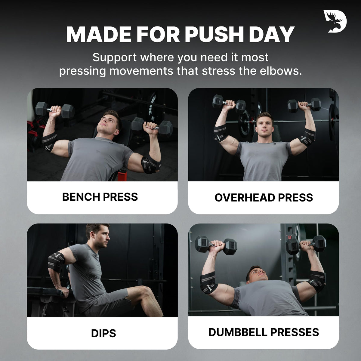 DMoose Fitness Elbow Wraps for Weightlifting (Pair) - 40'' Adjustable Elbow Strap for Gym Workout, Bench Press & Powerlifting - Compression Wraps for Tendonitis & Joint Support (Tan)