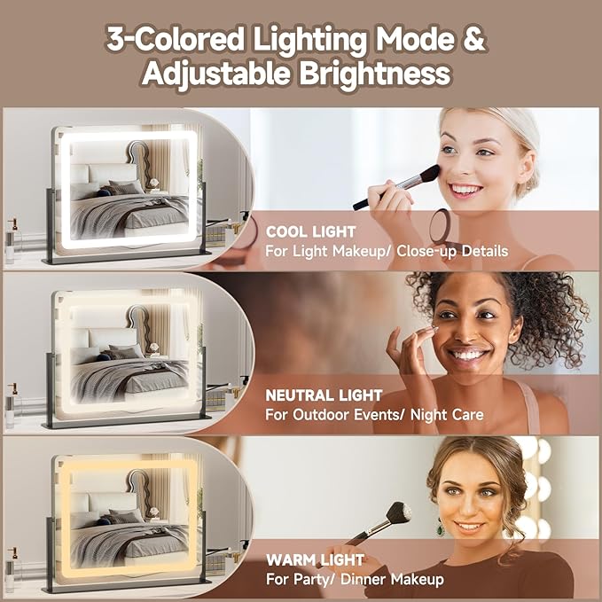 PRIMETEK Vanity Mirror with Lights, 22"x19" Large Makeup Mirror with Lights, LED Lighted Hollywood Makeup Mirror, Touch Sensor with 3-Color Lighting, Dimmable for Vanity Desk Tabletop, Bedroom, Black