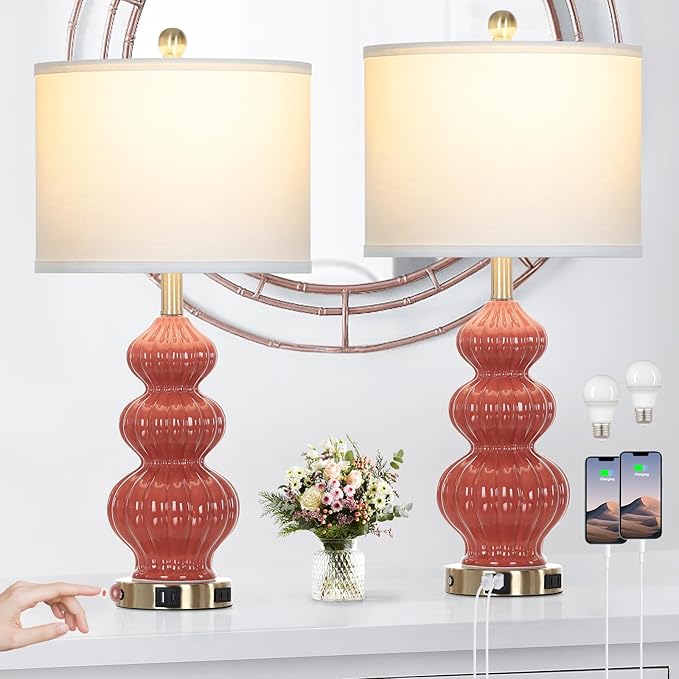 Triple Gourd Ceramic Table Lamps Set of 2, Modern Orange Bedside Lamps with USB A+C Ports & AC Outlet, 3 Way Touch Control Contemporary Nightstand Lamps for Bedroom Living Room