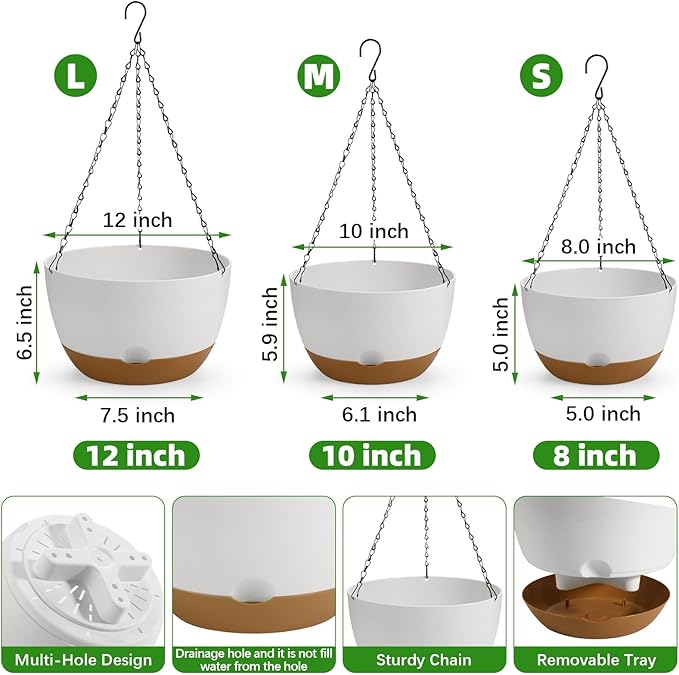 12/10/8 Inch Hanging Planter, Hanging Plastic Plant Self Watering Pot with Drainage Holes and Saucers, Hanging Baskets Flower Pots for Indoor Outdoor Garden Plants and Flowers,Set of 3-White