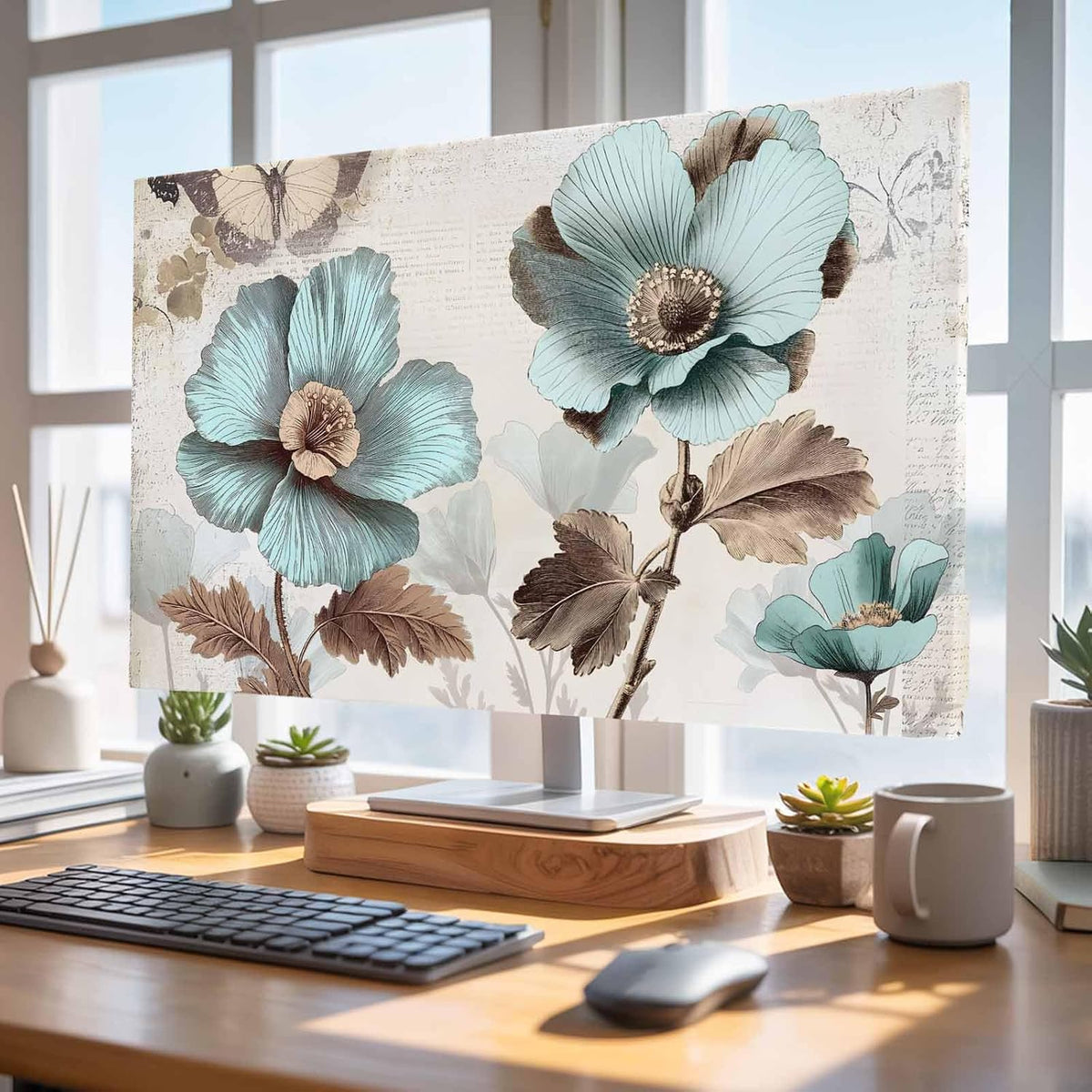 Yukro 65 Inch, 57"x32" Victorian Style Broccoli Butterfly Indoor TV Dust Cover, Blue Flowers Plant Elastic TV Dustproof