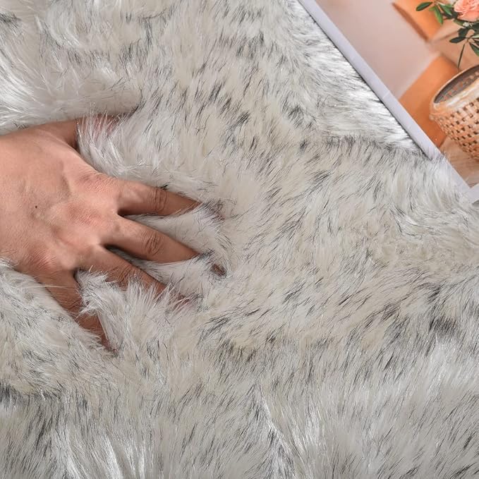 Grey and White Plush Shag Washable Rugs for Bedroom Faux Sheepskin Fur Furry Carpet for Living Room 2x6 Nursery Rug Runner