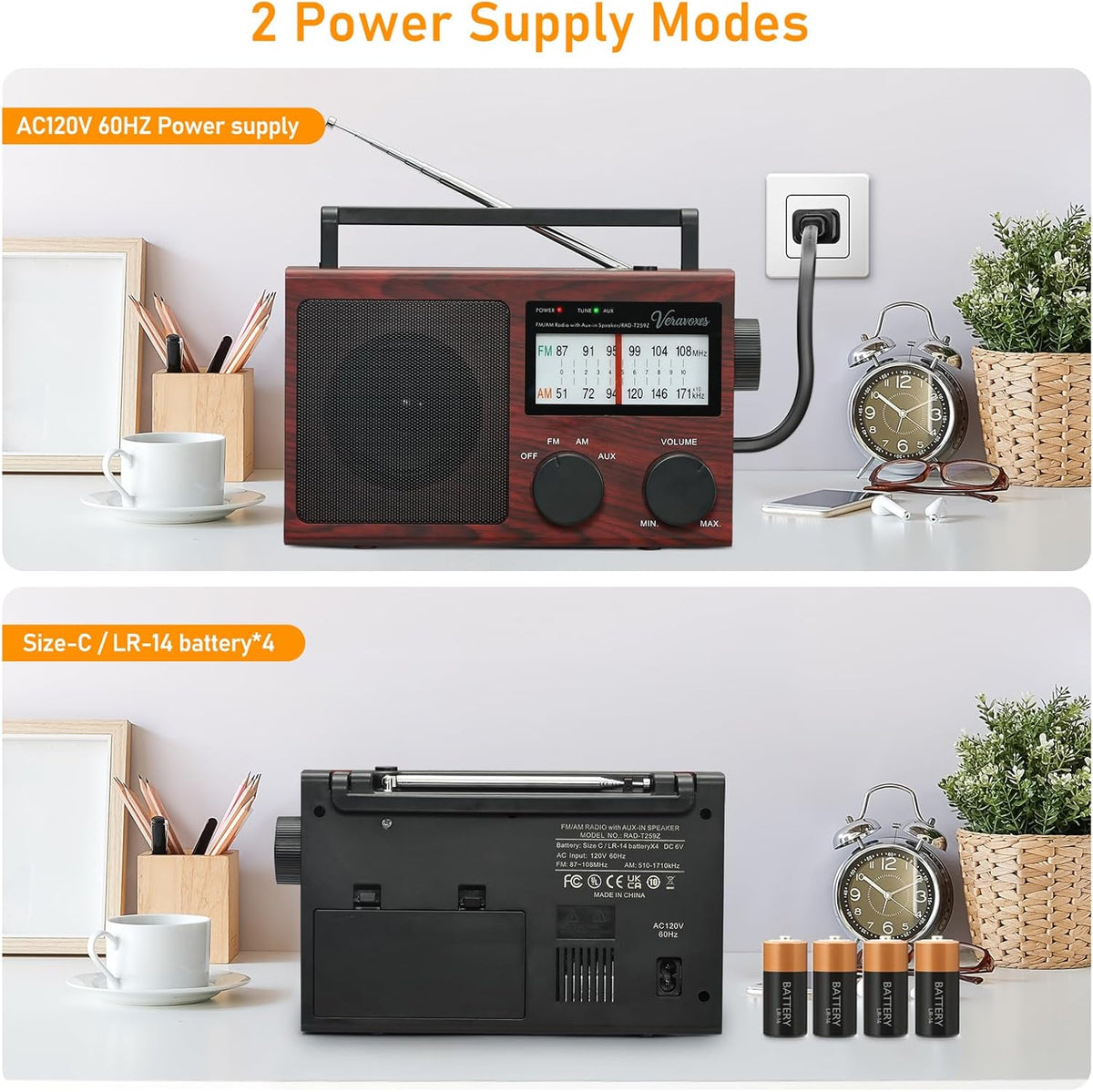 Veravoxes Portable AM/FM Radio with Bass Control, Equipped with a Built-in high-Power Speaker, Headphone Jack, and AUX