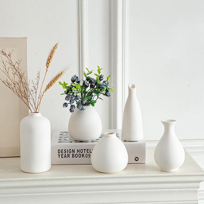 JOJUNO White Bud Vases, Small Ceramic Vase Set of 11, Mini Pottery Vases for Flowers, Decorative Pieces for Home Modern Decor, Boho Decor, Chic Accents for Living Room Dining Table Shelves
