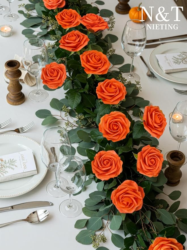 N&T NIETING Artificial Flowers, Fake Flowers Burnt Orange Roses Perfect for DIY Wedding Bridal Bouquets Centerpieces Bridal Shower Party Home Flower Arrangement Decorations, 50Pcs