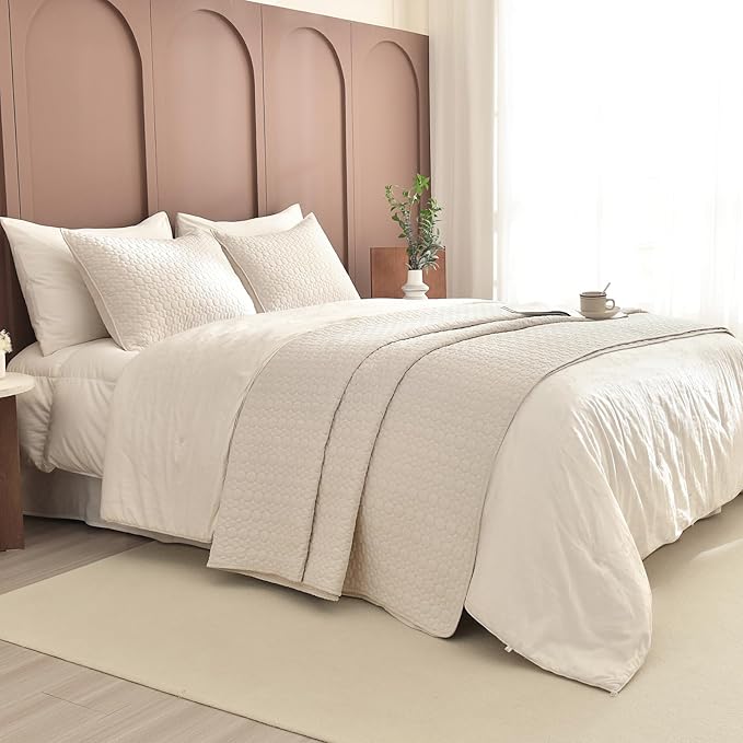 Sanracie Oversized King Quilt Bedding 128"x120",Wheat Colored 100% Cotton Cal King Quilt Bedspread Set 3Pcs Circular Quilting Super King Bedspread Coverlet Sets for All Season Lightweight Soft