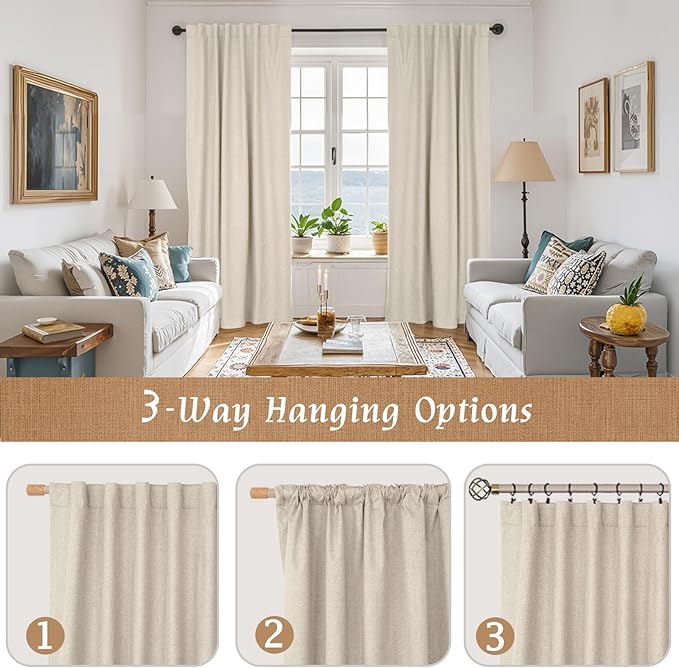 LAMIT 100% Blackout Linen Curtains 63 Inch Length, Linen Textured Thermal Bedroom Drapes Back Tab and Rod Pocket Neutral Panels with White Liner for Short Windows, 2 Panels, Oatmeal, 42 x 63 Inch