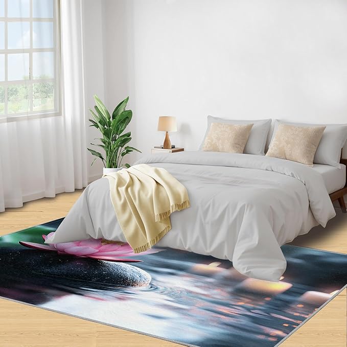 Zen Stones Washable Area Rug 3x5, Pink Petals Soft Rugs for Living Room Recuperative Spa Carpet Area Rugs for Bedroom Dining Room Non-Slip Stain Resistant Rug
