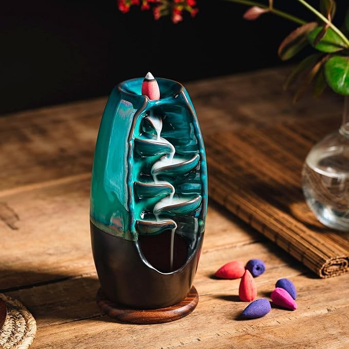 INONE Ceramic Incense Burner with 100 Upgraded Cones, Waterfall Backflow Incense Holder, Aromatherapy Ornament, Zen Decor, Home Decor, Room Decor (Cyan)