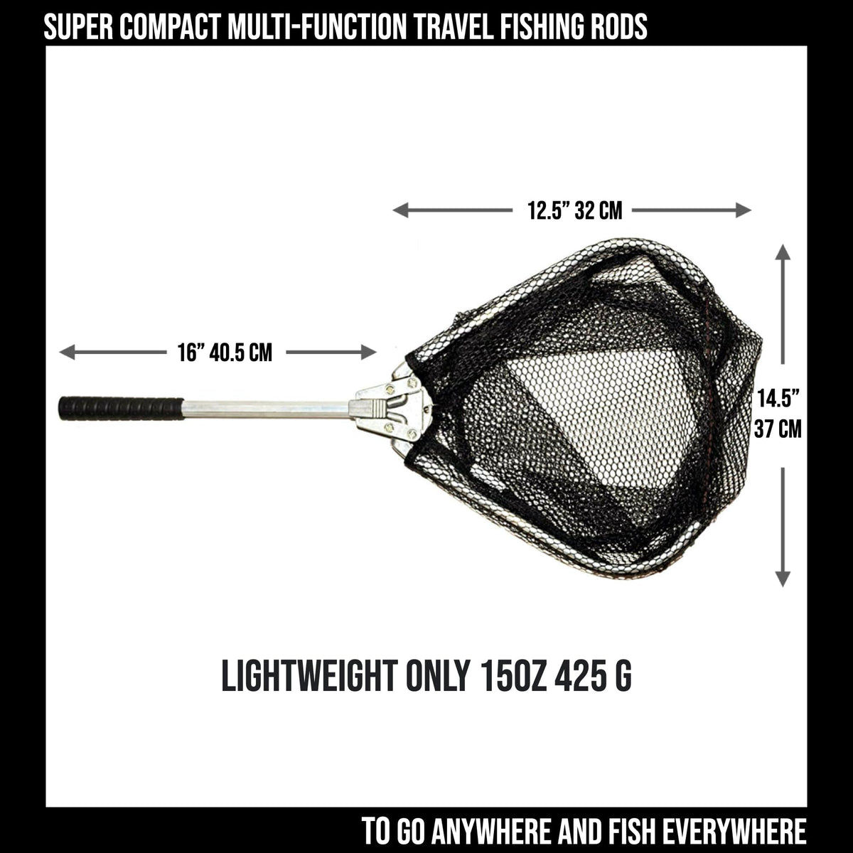 Travel Fishing Landing Net. Super Compact, Folding, Rugged Travel Fish Net. Extra Deep Coated, Low Smell Net + S Carry Hook. Freshwater and Saltwater Angling.