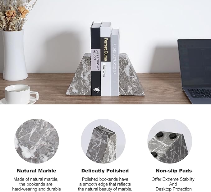 Marble Bookends for Heavy Books, Decorative Bookends for Shelves, Durable and Heavy-Duty Book End for Hardback Book & CDS, Unique Book Stopper & Holder, Gris Lido, Set of 2