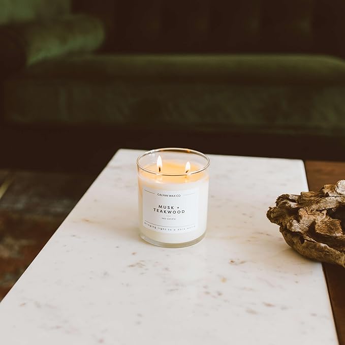 Calyan Wax Co. Musk & Teakwood 2 Wick Scented Candle - 37 Hour Burn - Luxury Non Toxic Soy Wax Candles - Long Lasting Large Glass Jar Candle for Home - 8.8oz