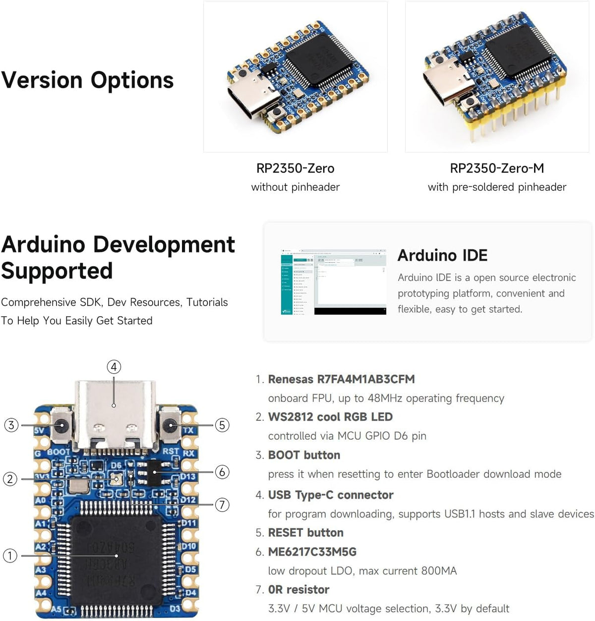 waveshare 2PCS RA4M1-Zero 32-Bit MCU-RA4M1, 48MHz Mini Development Board, Based on Operating Frequency, Built-in FPU