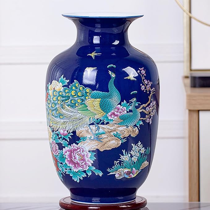 MTME Porcelain Figurines, Jingdezhen Peacock Decorative Flower vase, Home Decor, Wedding Gifts, Aesthetic Sculpture Home décor (Blue)