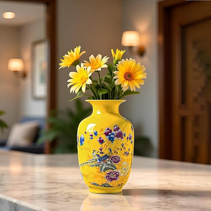 MTME Porcelain Figurines, Jingdezhen Peacock Decorative Flower vase, Home Decor, Wedding Gifts, Aesthetic Sculpture Home décor (Yellow)