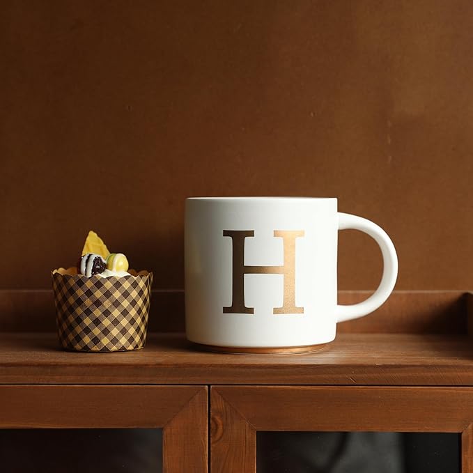 COLLECTIVE HOME - Monogram Ceramic Mugs, 15 oz Golden Initial Coffee Cups, Elegant Alphabet Tea Mugs, Elegant Personalized Mug with Gift Box, Unique Mug with Double Side Capital Letter (H)