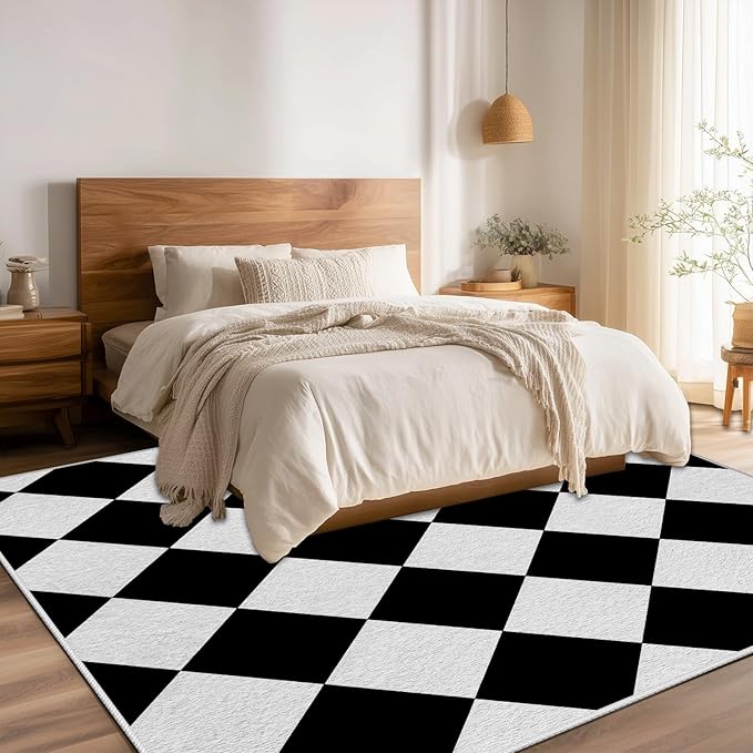 Checkered Rug, Black White Rug, Washable Rugs 2x3, Geometric Rhombus Plaid Area Rugs, Grid Gingham Carpet for Living Room Non Slip Home Decor