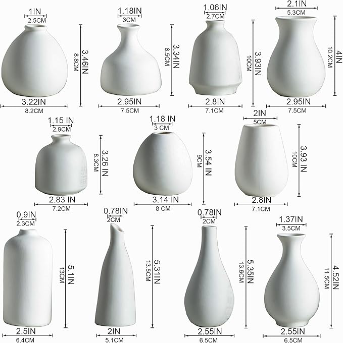 JOJUNO White Bud Vases, Small Ceramic Vase Set of 11, Mini Pottery Vases for Flowers, Decorative Pieces for Home Modern Decor, Boho Decor, Chic Accents for Living Room Dining Table Shelves