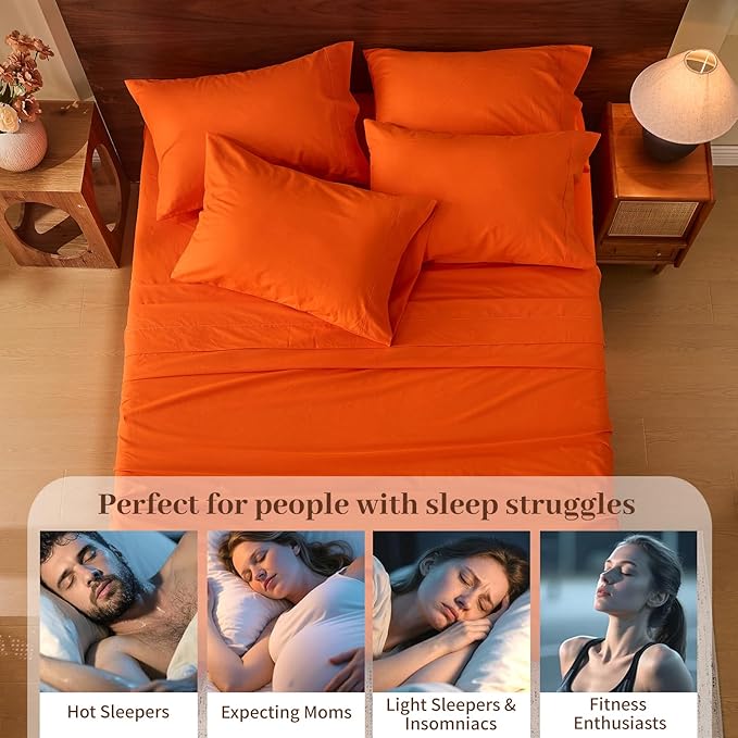 MEISHANG 100% French Pure Linen Sheets Queen Size - Bed Sheets 4 Piece Sets, Soft Durable Flax Linen, Anti-Tear Breathable Oeko-Tex Certified with 16" Deep Pocket (Orange)