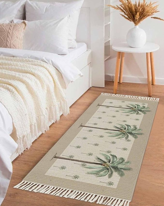 Tropical Palm Tree Kitchen Hallway Runner Rug 2X5 Ft Carpet, Washable Woven Brown Summer Beach Plant Throw Carpet with Tassel, Non-Shedding Farmhouse Retro Green Botanical Entryway Laundry Rugs