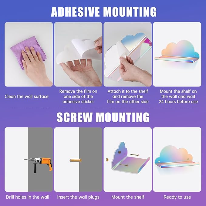 NiHome Iridescent Acrylic Floating Shelves, 2 Pack Cloud Shelves - Large Floating Shelf for Wall, Wall Mountable and Multi-Functional for Home Décor, Bathroom, Kitchen, Bedroom (Large, 2 Pack)