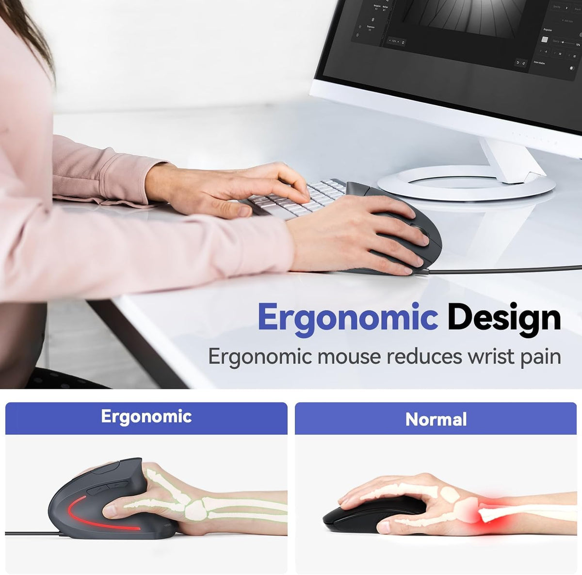 TECKNET 6400 6 4 Wired Mouse, DPI Ergonomic Mouse Buttons Silent Mice Adjustable DPI Vertical Mouse Compatible