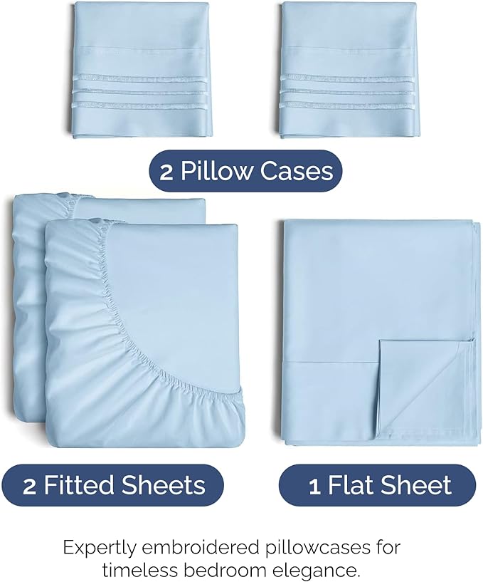 Split King Size 5 Piece Sheet Set - Comfy Breathable & Cooling Bed Sheets Set - Hotel Luxury Bedding for Women, Men, Kids, Teens, Boys & Girls - Deep Pockets and Wrinkle Free - Oeko-Tex - Light Blue