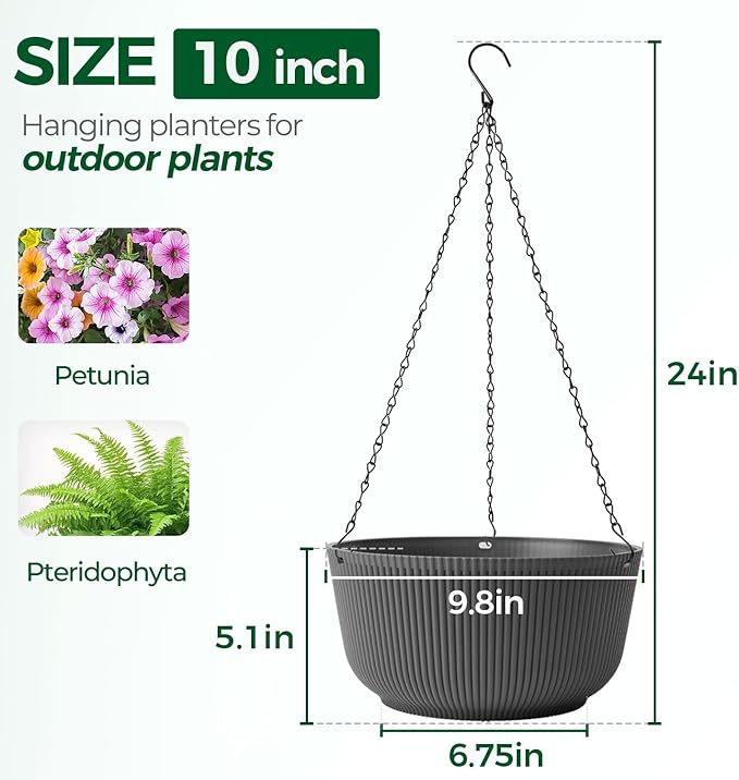 T4U 10 Inch Hanging Planters for Indoor Outdoor Plants, Hanging Plant Pot Pack of 2, Self Watering Hanging Pots with Drainage Hole & Plug & Chain with 3 Hooks for Garden Home Decor, Grey