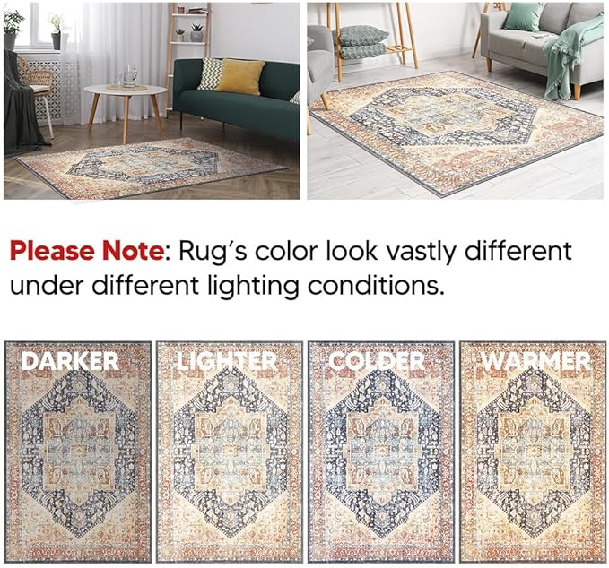 Keen Home Design 8x10 Rug - Machine Washable Area Rug with Non-Slip Backing, Ideal for Living Room, Dining Room, Bedroom - Vintage, Easy Clean, Durable, Low Pile Rug - (8' x 10')