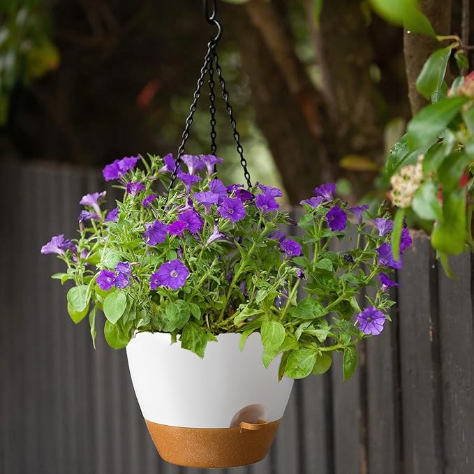 ZMTECH 12 Inch Hanging Planters for Indoor Outdoor Plants, 1 Pack Self Watering Hanging Plant Pots with Drainage Holes and Removable Saucer, Plastic Flower Hanging Pots with Watering Lip (White)