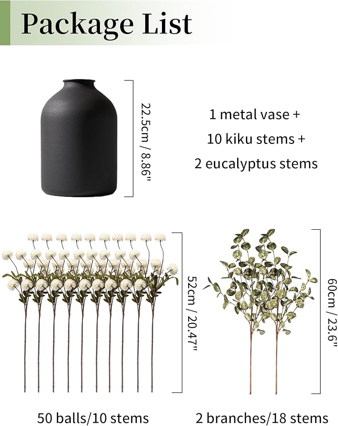BLOSMON Fake Flowers in Vase for Centerpieces: Metal Vase with 12 Stems of Artificial Mums Kiku Flowers Eucalyptuses Home Table Decor - White Faux Pom Poms Floral Arrangements for Living Room