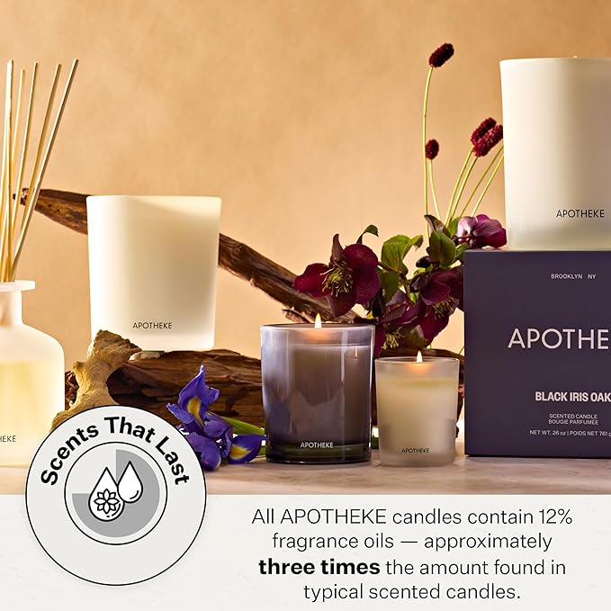 Apotheke Signature Scented Candles for Home, Black Iris Oak - 10.5 oz - Soy Wax, Non Toxic, Large Jar White - Luxury Candle Gifts for Women & Men - Black Pepper, Cinnamon, Musk, and Violet