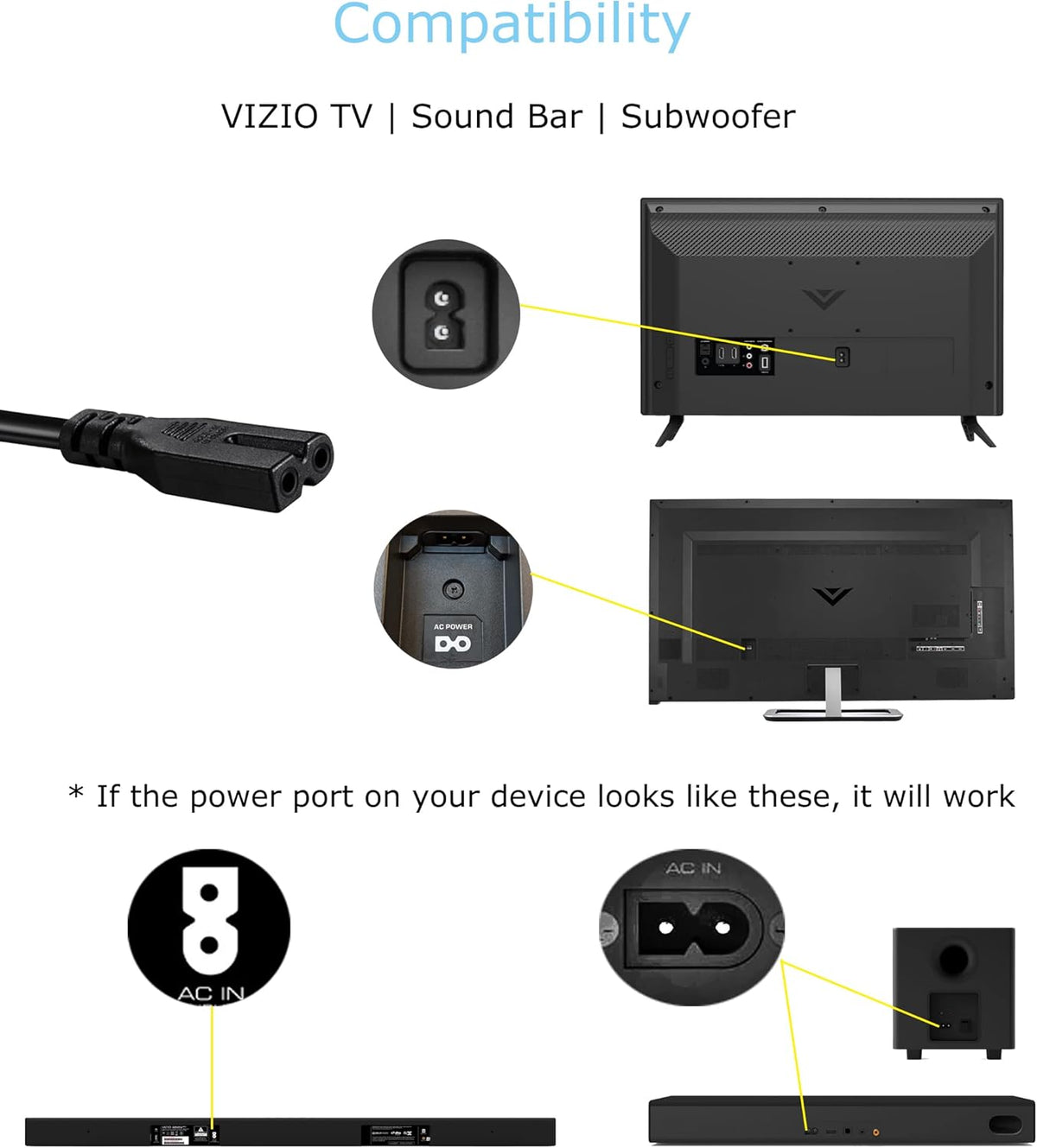TONIWA 12ft AC Power Cord Compatible with Vizio Sound Bar System, Vizio E-M Series LED Smart TV