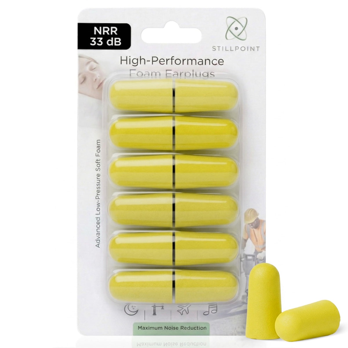 Soft Foam Earplugs, 33 dB NRR, (6 Pair 12 Ear Plugs) Maximum Protection for Sleeping; Silence Snoring, Airplanes, Airports, Power Tools, Phone Conversations, Loud Work Environments (Yellow)