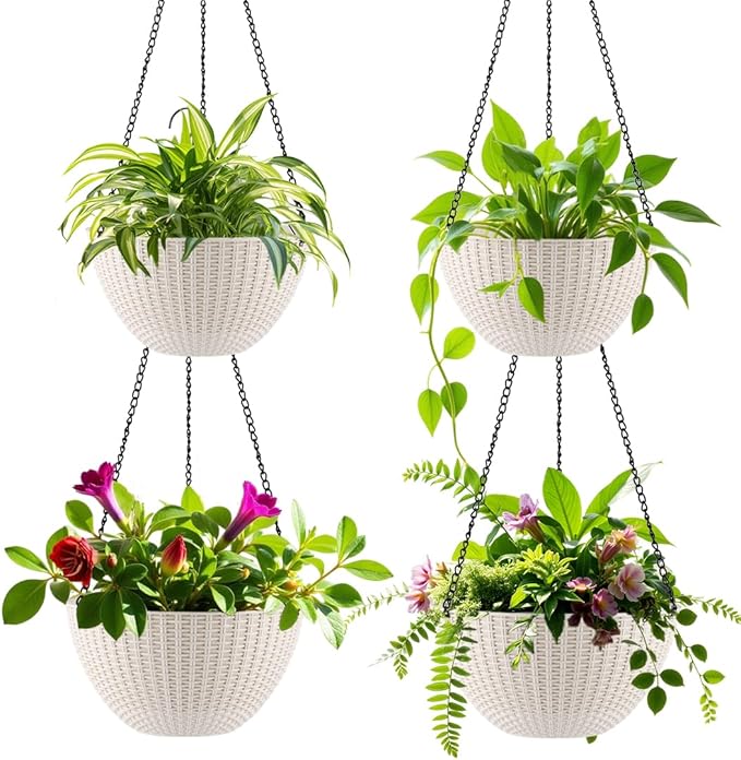Hanging Planters for Indoor Outdoor Plants 8 and 10 Inch, 4 Packs Hanging Flower Pot with Drainage Holes, Self-Watering Hanging Basket Perfect for Home, Office and Garden, White
