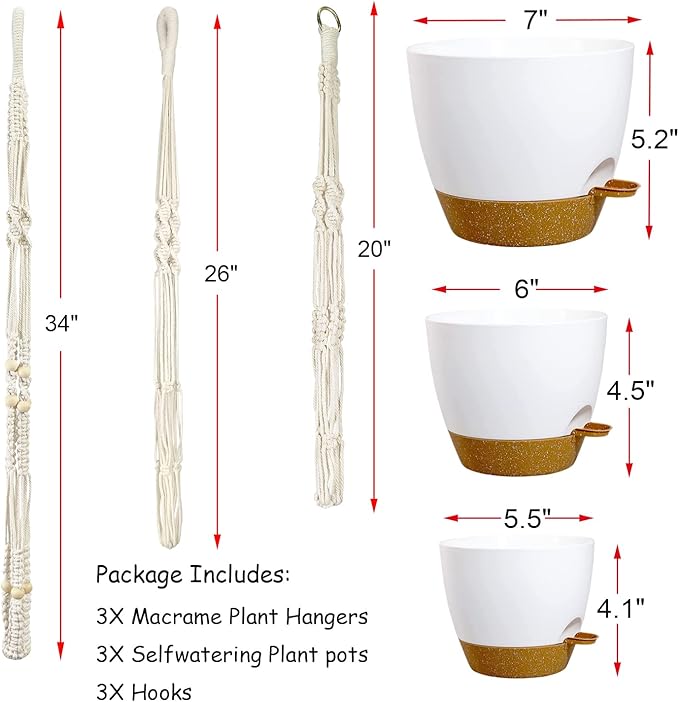 Hanging Planters with Macrame Plant Hangers for Indoor Outdoor Plants 3 Set Self Watering Pots Hanging Baskets Flower Pot Holders 3 Different Size