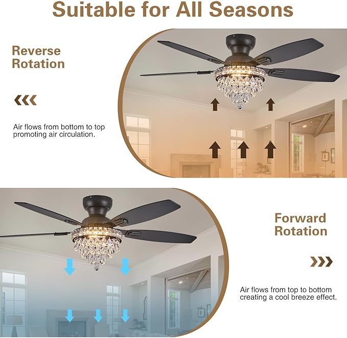 Crystal Ceiling Fan Fandelier with Lights-Ceiling Fans with Lights,50" Low Profile and Remote Control, Flush Mount, Reversible, Dimmable, Noiseless, Black Ceiling Fan for Bedroom