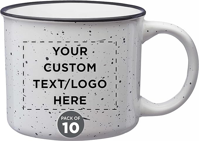 DISCOUNT PROMOS Custom Ceramic Campfire Coffee Mugs 13 oz. Set of 10, Personalized Bulk Pack - Perfect for Tea, Espresso, Cappuccino, Hot Cocoa - White