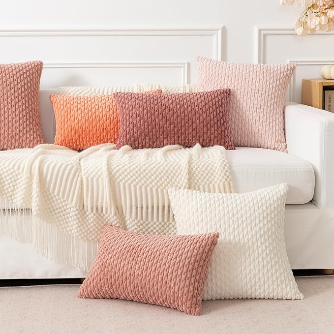 Kevin Textile Throw Pillow Covers Soft Corduroy Decorative Set of 2 Boho Striped Pillow Covers Valentines Day Pillowcases Farmhouse Home Decor for Couch Bed Sofa Living Room 20x20 Inch Blush Pink