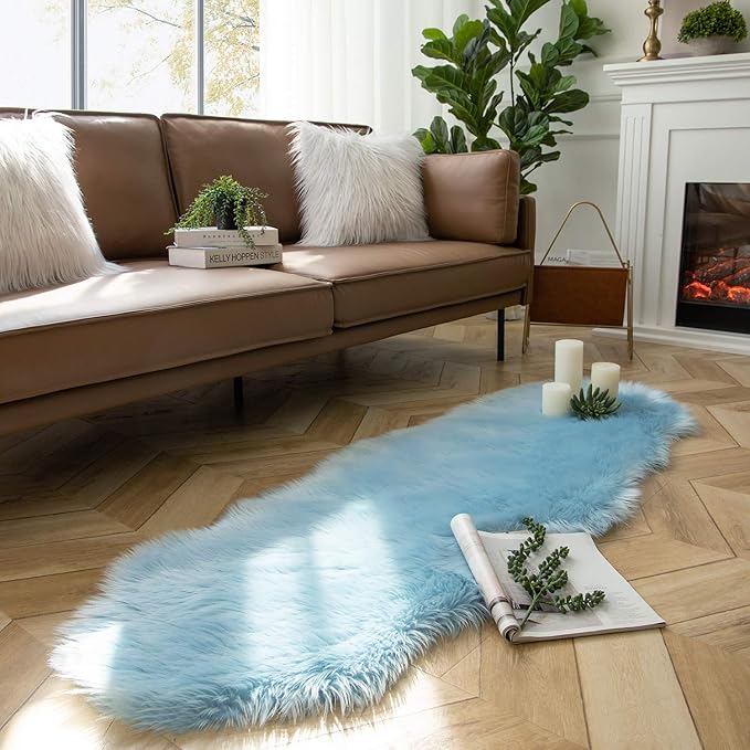 Ashler Faux Fur, Fluffy Shaggy Area Rug Ultra Soft 2 x 6 Feet Sheepskin Fur Rug, Light Blue Fuzzy Rug Machine Washable Shag Rug, Nursery Decor Throw Rugs for Bedroom, Kids Room, Living Room