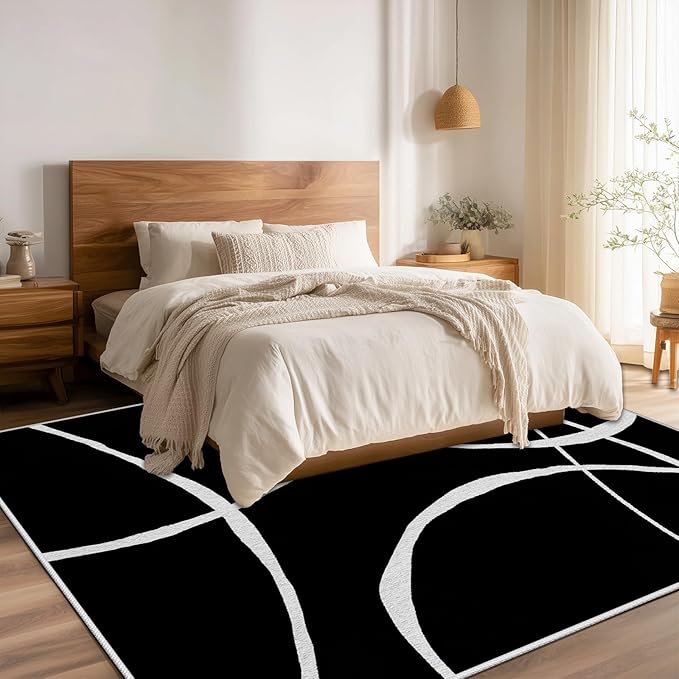 Black and White Rugs - 5x8 Area Rug, Abstract Rug, Modern Minimalist Rugs, Curved Line Design Carpet, Black and White Abstract Carpet Washable Non Slip Home Decor 5x8