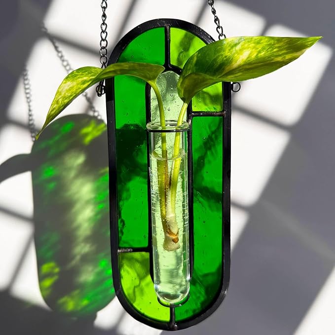 LITMIND Transparent Green Stained Glass Propagation Station - Handcrafted Suncatcher Hanging Planter with 2 Glass Tubes, Multi-Color Hydroponic Wall Décor for Windows, Home & Garden