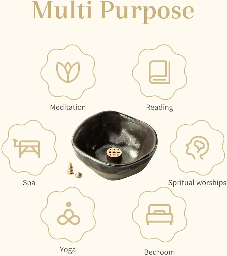 Ceramic 4 in 1 Incense Burner, 4.25 Inch Incense Holder with 3 Refined Copper Incense Sockets, Unique Round Shape Insence-Stick Holder for Meditation Decor, Yoga, SPA, Black