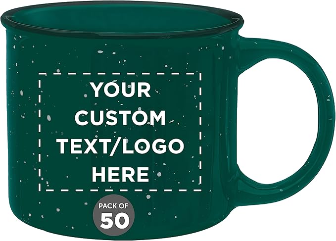 DISCOUNT PROMOS Custom Ceramic Campfire Coffee Mugs 13 oz. Set of 50, Personalized Bulk Pack - Perfect for Tea, Espresso, Cappuccino, Hot Cocoa - Green