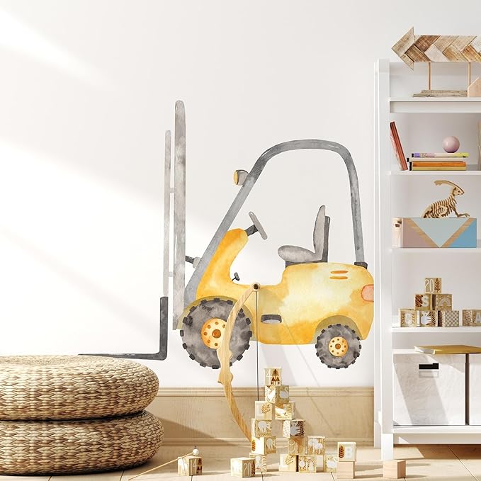 Construction Forklift Wall Decal for Boys Room, Lift Truck Construction Eqipment Peel Stick Removable Fabric Wall Sticker, Nursery or Playroom Decor, Repositionable (18 inch: 16" Tall x 18" Wide)